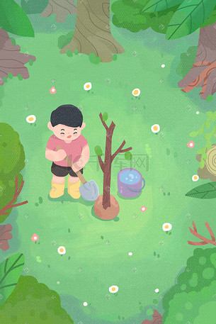 学生种树插画-学生种树配图-千库网
