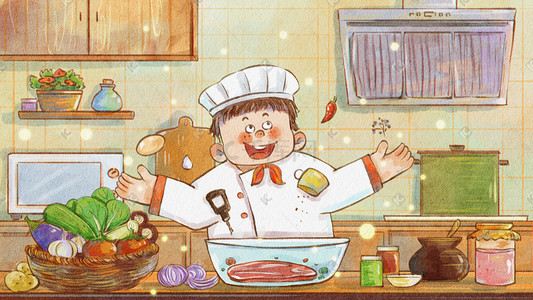 柴火做饭插画图片_世界厨师日可爱的厨师魔法做饭