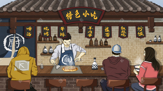 鲨鱼厨师插画图片_世界厨师日街边小吃店