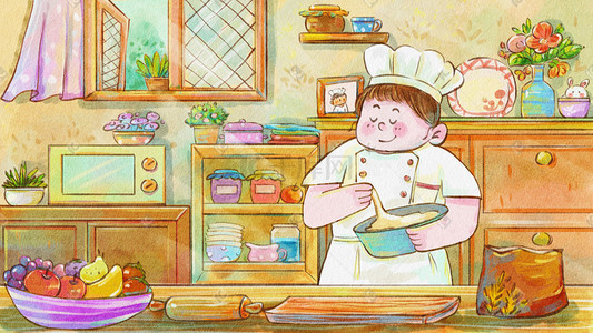 西式糕点下午茶插画图片_世界厨师日做糕点厨房场景