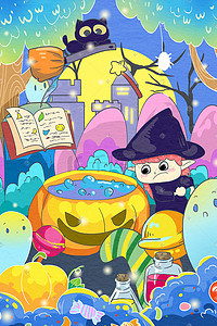 魔法棒插画图片_万圣节夜晚森林里小女巫熬南瓜魔法汤药剂