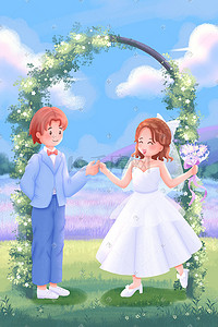 唯美婚礼插画图片_婚礼结婚新郎新娘浪漫爱情唯美花海结婚场景