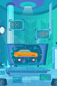 小小实验室卡通插画图片_蓝色未来科技感全息屏幕编程实验室配图