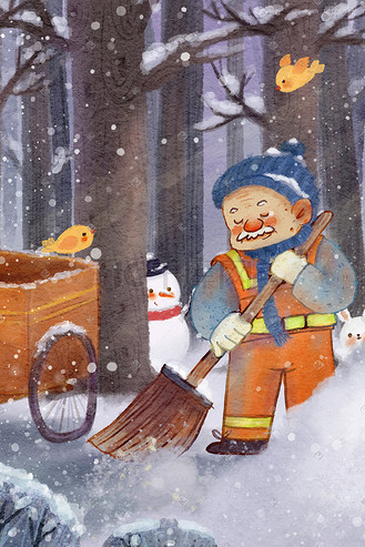 冬天环卫工扫雪治愈雪景雪人树林森林插画