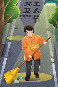 扫地插画图片_环卫工人节环卫劳动城市守护者工人清洁扫地