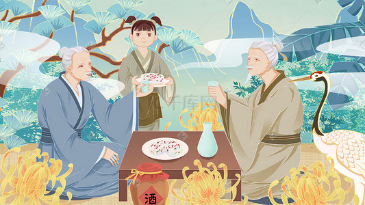 传统文化模板插画图片_重阳节传统文化国潮插画