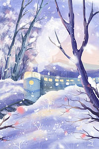 紫色飞翔的爱心插画图片_冬天冬季唯美紫色雪花火车