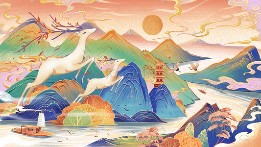 秋天的怀念插画图片_秋天麋鹿山水秋天中国风唯美场景