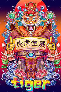 虎财神插画图片_虎年tiger插画海报