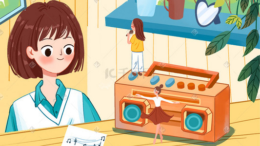 女孩卡通插画图片_小清新手绘女孩卡通音乐收音机可爱歌唱
