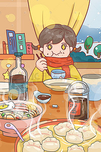 手托米饭插画图片_立冬节气下雪房间内女孩温暖吃饺子喝汤