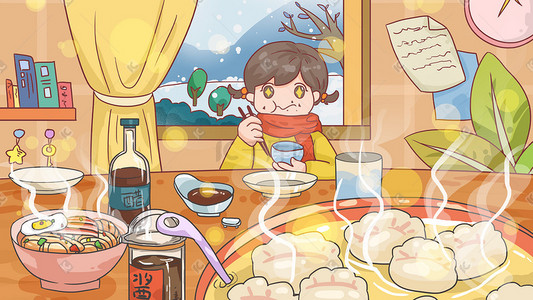 米饭筷子插画图片_立冬节气下雪房间内女孩温暖吃饺子喝汤