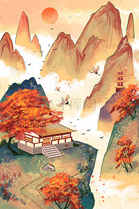 水墨秋季插画图片_秋天秋景中国风水墨古风建筑秋天山水场景