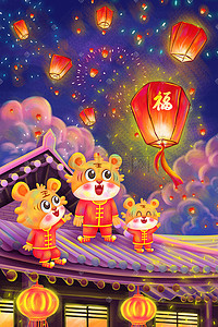 福新年快乐插画图片_新年快乐三只老虎屋顶放孔明灯