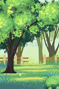 湖或河中绿树灌木插画图片_唯美矢量扁平公园一角绿树森林