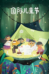 国际儿童节插画图片_国际儿童节小朋友夜晚树林露营