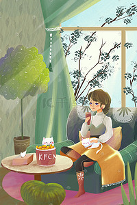韩国炸鸡插画图片_立冬温馨的室内生活手绘插画