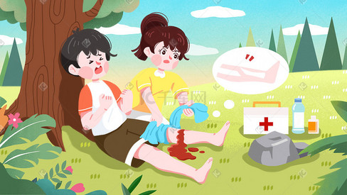 手绘草地儿童受伤治疗急救预防包扎