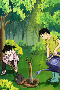 儿童种树插画图片_世界植树造林日儿童种树插画