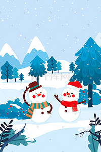 冬季下雪图插画图片_白色小雪大雪雪花雪人自然雪景配图