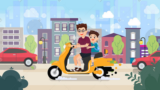 马路插画图片_横图城市马路道路汽车骑车教育警示父子骑车