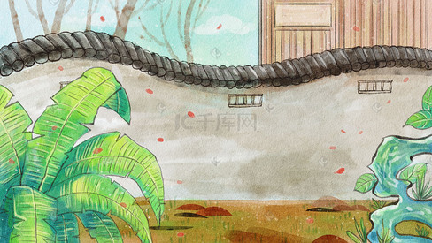 中国风中式庭院唯美一角手绘插画