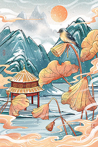 冬国潮插画图片_小雪节气冬景雪亭秋荷雪景山水