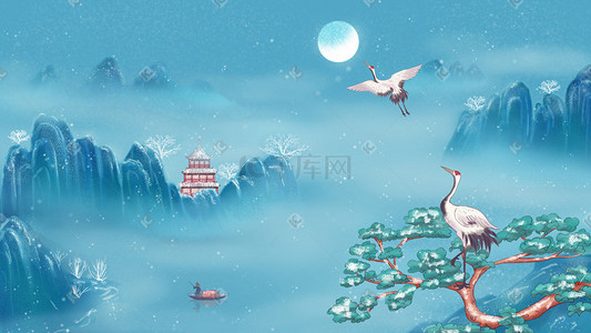 国风松树插画图片_中国风节气小雪冬季仙鹤山水插画海报背景