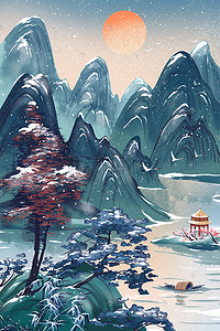 水墨雪插画图片_小雪节气冬景雪景山水水墨雪景