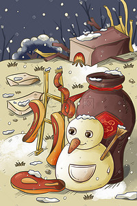 香肠腊肉插画图片_冬天小雪节气熏腊肉和雪人