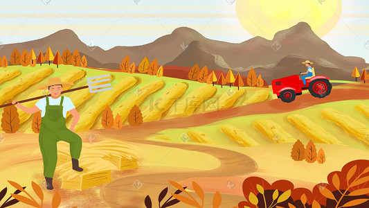 开往秋天的列车插画图片_秋天田地农民开拖拉机丰收秋景