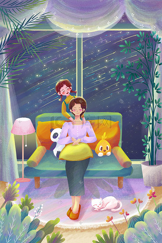感恩节帮妈妈揉肩膀手绘插画
