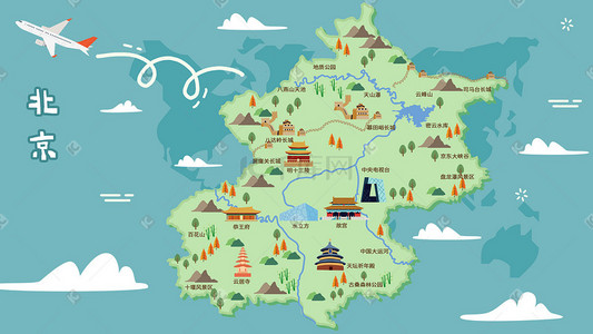 迁徙地图插画图片_北京旅游出行手绘地图地标建筑