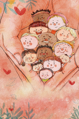 世界小朋友欢聚一堂温馨手绘插画