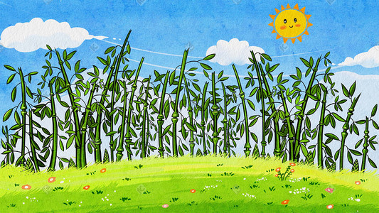 竹子草地花朵蓝天云朵手绘卡通可爱场景