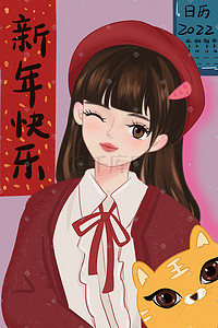 红2022插画图片_2022新年女孩拜年红色喜庆复古新年插画