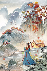 中国古风人物插画图片_冬天风景中国风水墨山水古风人物雪景