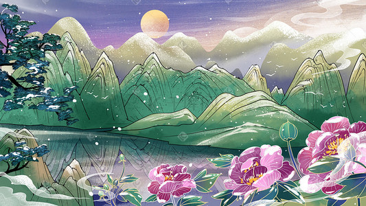 冬国潮插画图片_小雪节气冬景芙蓉雪景山水