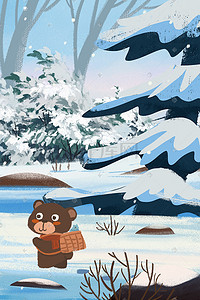 小雪风景冬天小熊树林雪地