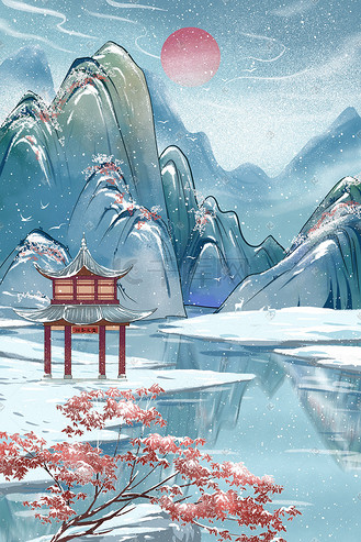 冬天风景雪亭中国风山水倒影雪景