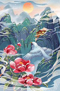 中国风山茶花插画图片_冬天风景中国风山茶花山水雪景