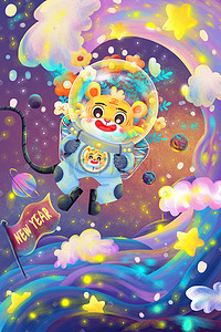 宇宙插画图片_虎年大吉新年快乐星辰大海宇航员