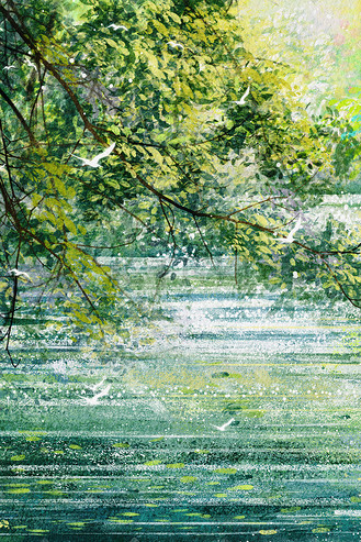 唯美水彩风夏季河边风景插画图片-千库网