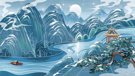 风冬插画图片_冬天风景中国风山水江河雪景