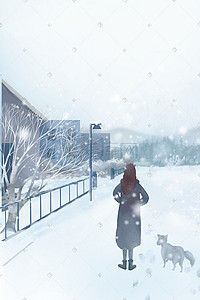 雪景背景卡通插画图片_卡通冬天冬季下雪雪景人物街道插画海报背景