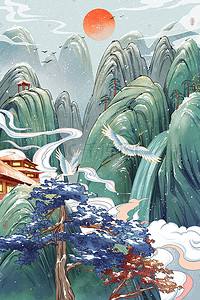 古诗瀑布插画图片_冬天风景中国风松柏瀑布山水雪景