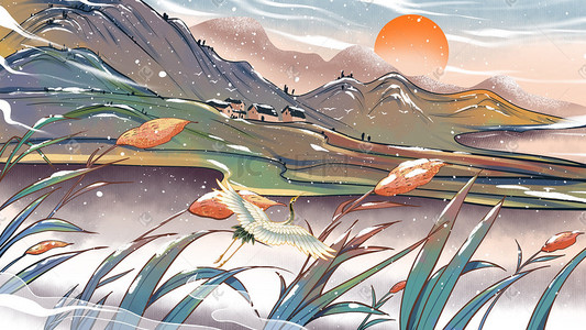 风下雪插画图片_冬天风景中国风山水江河雪景