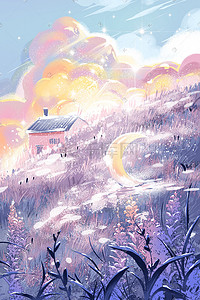 紫色唯美风景插画图片_冬天唯美治愈冬天风景雪景