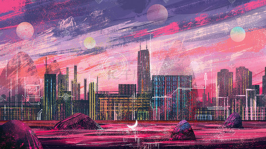 星球未来科技插画图片_城市红色未来科技厚涂唯美治愈星球科技