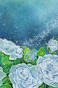 蓝色手绘唯美银色玫瑰花水彩